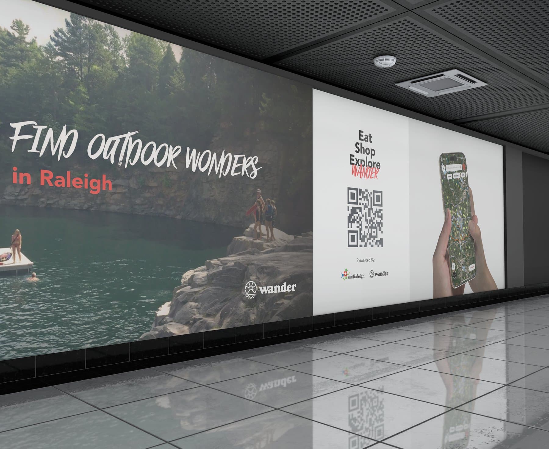 Visit Raleigh billboard with a Wander map QR code