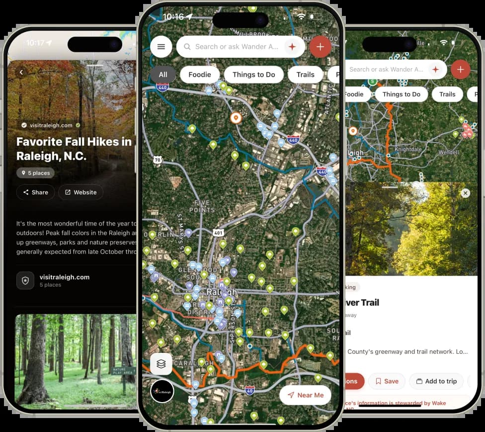An official destination map, guide, and trail in the Wander app on three phones