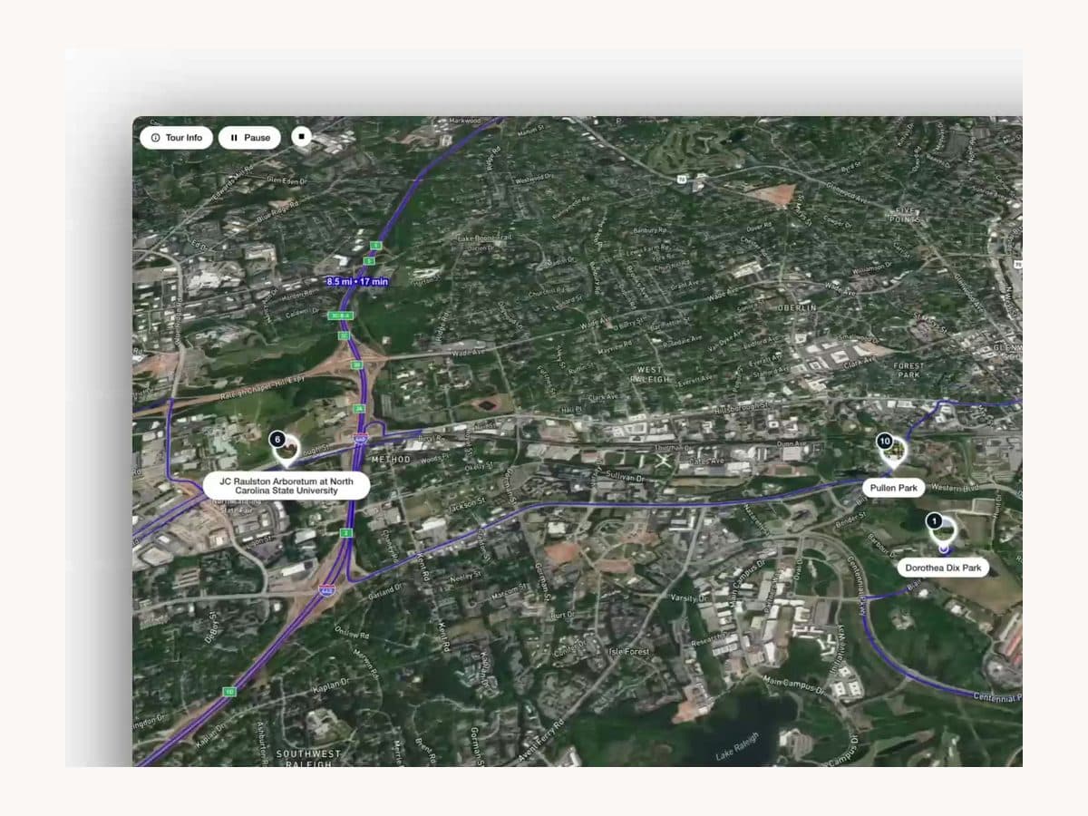 A flyover mid-sweep — real 3D terrain with the route's places called out.