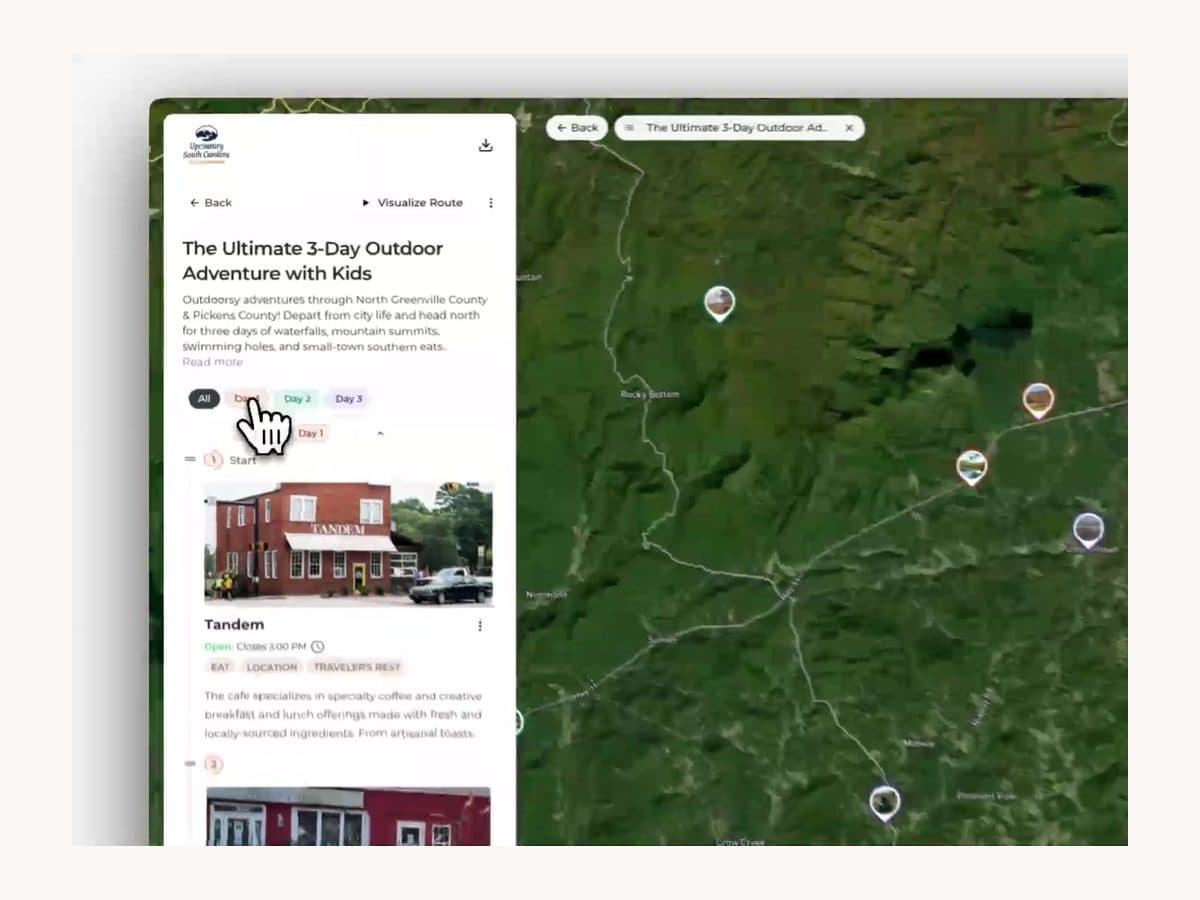 A three-day itinerary open on the map — each day's stops in order.