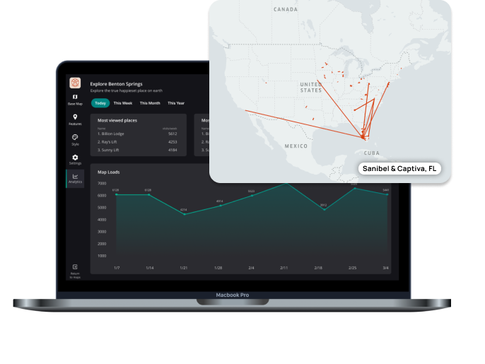 Map loads over time, most-viewed places, and where visitors come from — your dashboard.