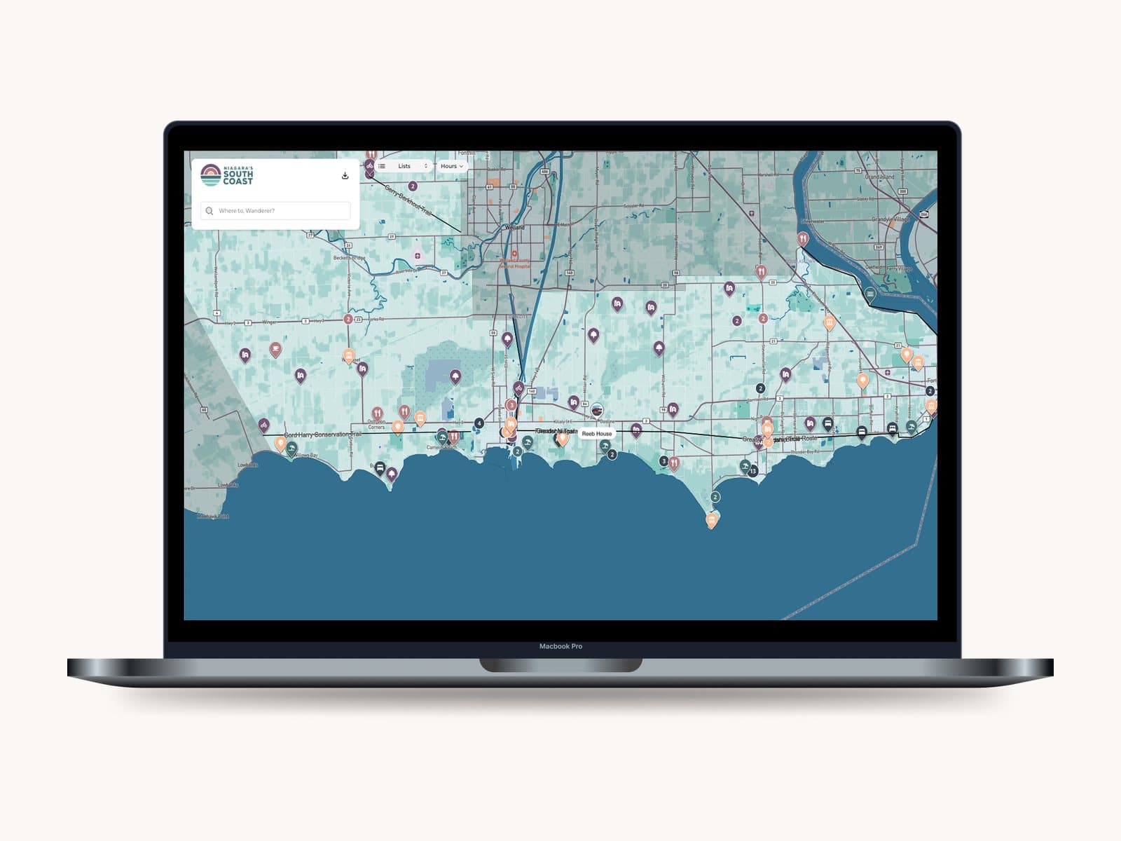 Niagara's South Coast, styled in its own brand colors — the map reads as theirs.