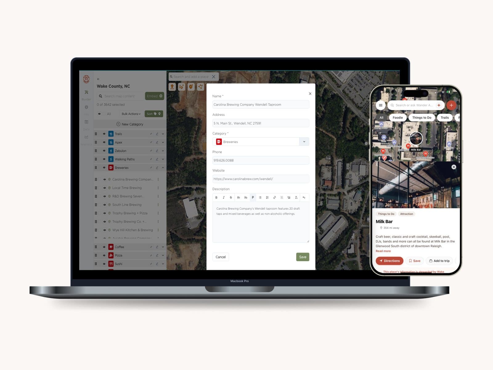 Add and edit places right on the map — drop a pin, search, or import.