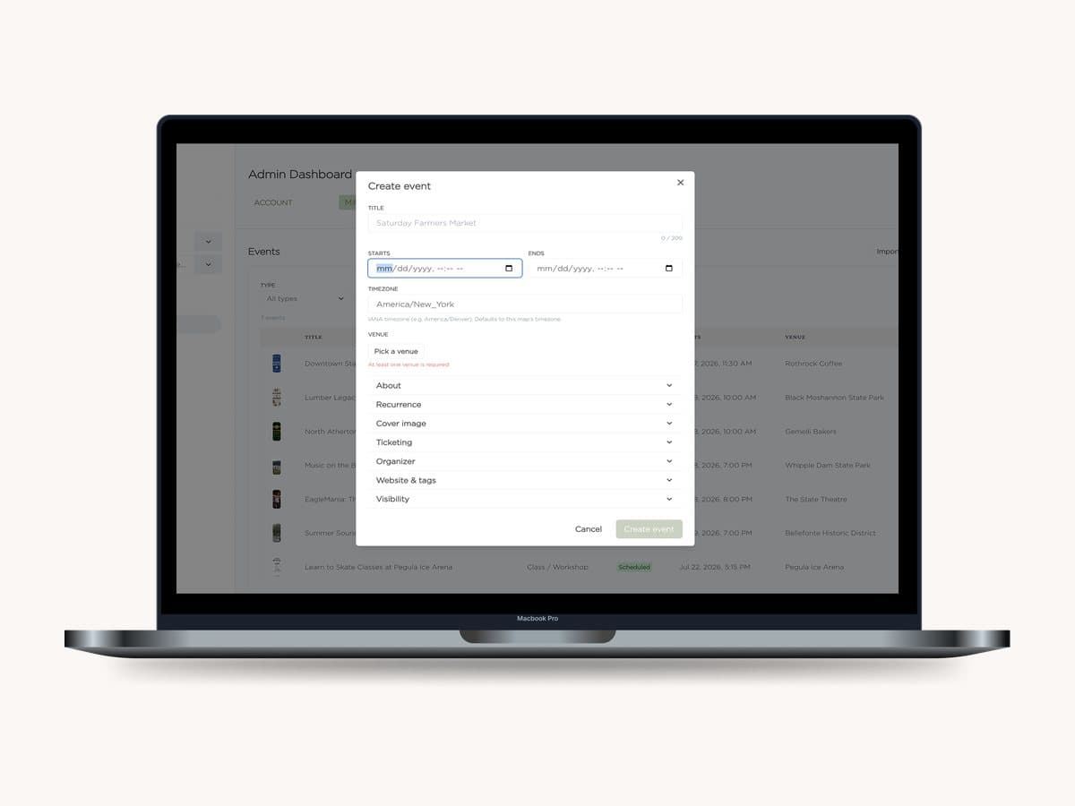 Create an event in seconds — date, venue, cover image, tickets.