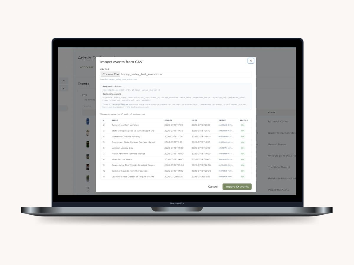 Bulk-import your existing calendar from a CSV.
