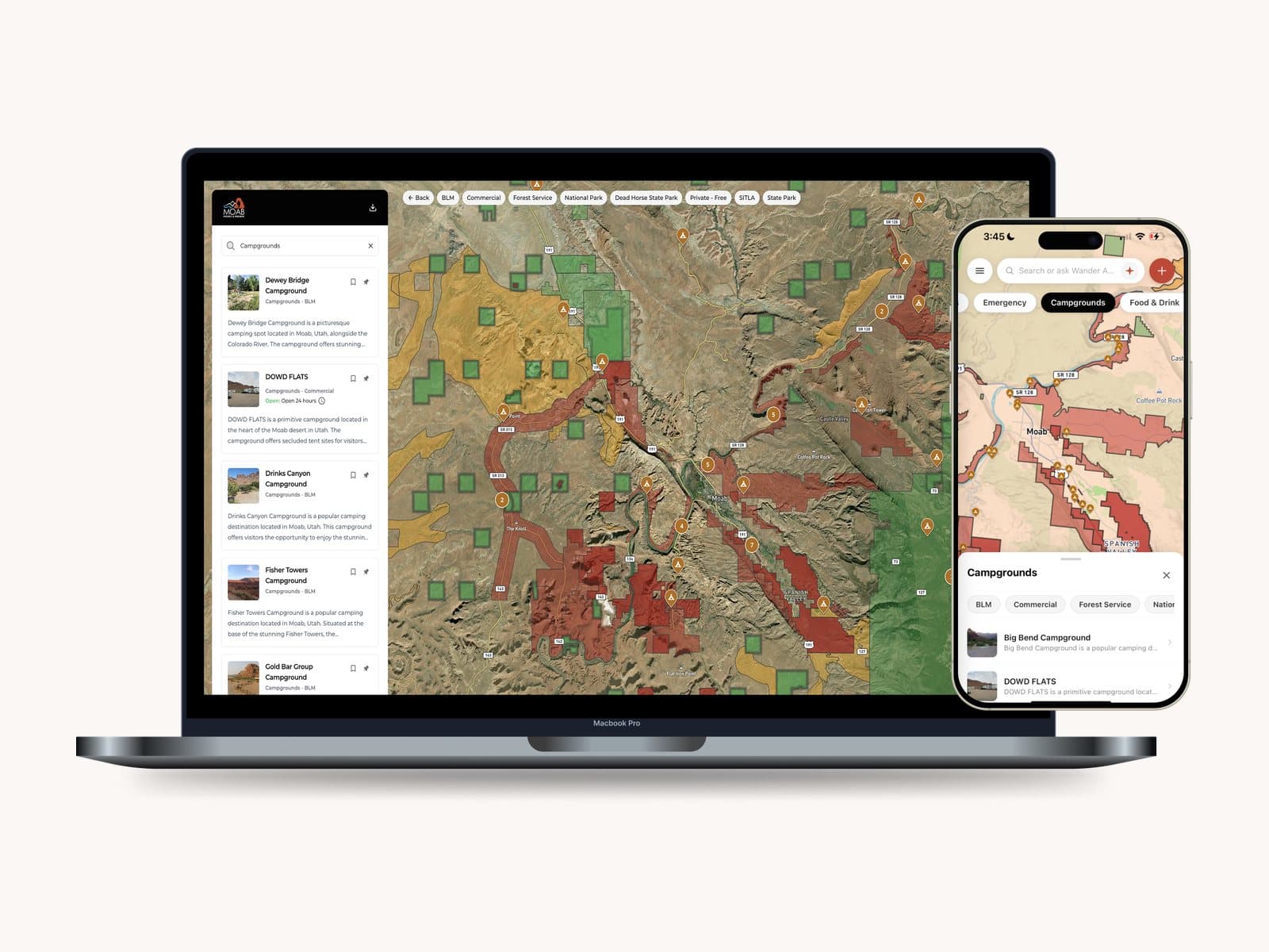 Discover Moab's districts and land areas drawn as interactive shapes — on desktop and mobile.
