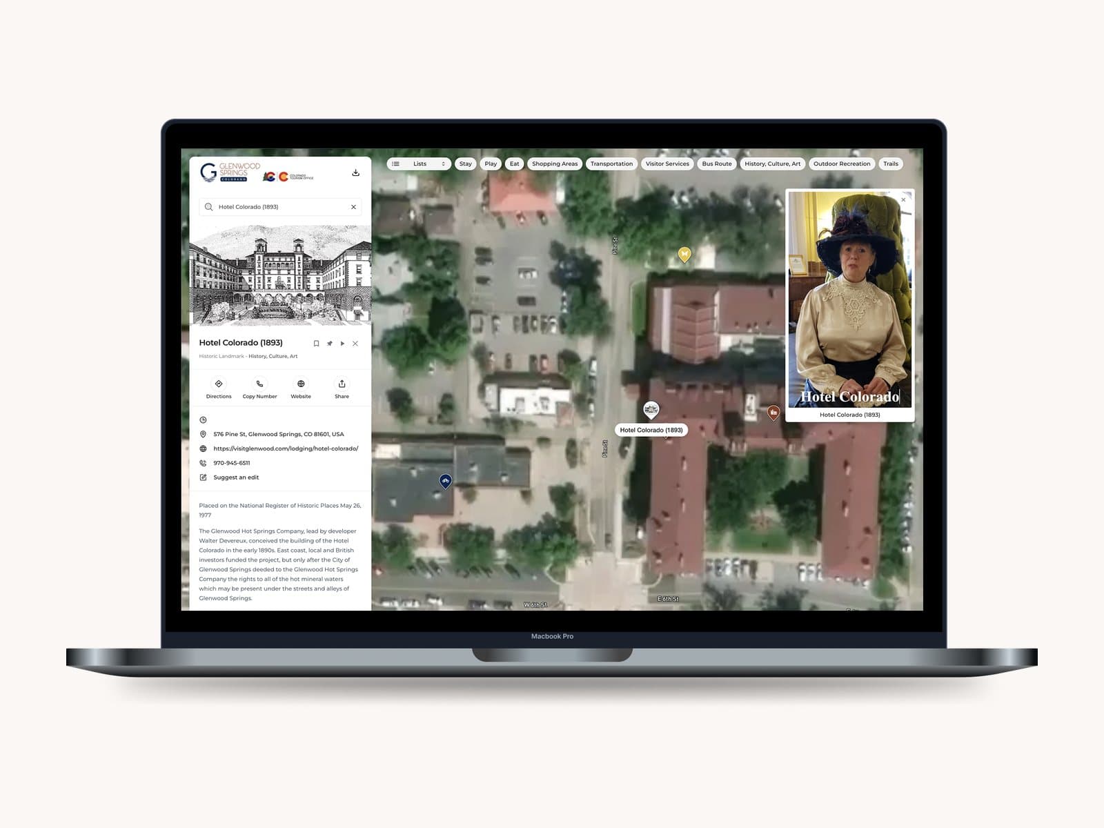Video plays inline on the map — visitors feel the place before they go.