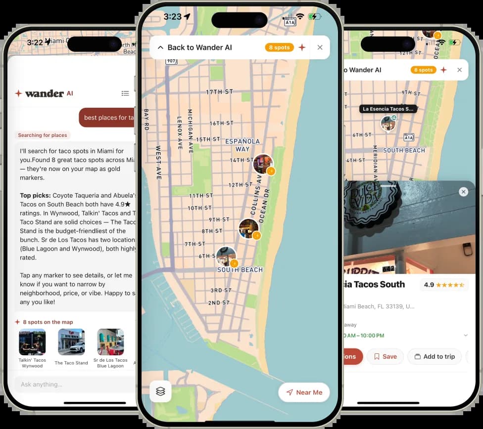 Ask Wander AI and it drops answers as pins on your map