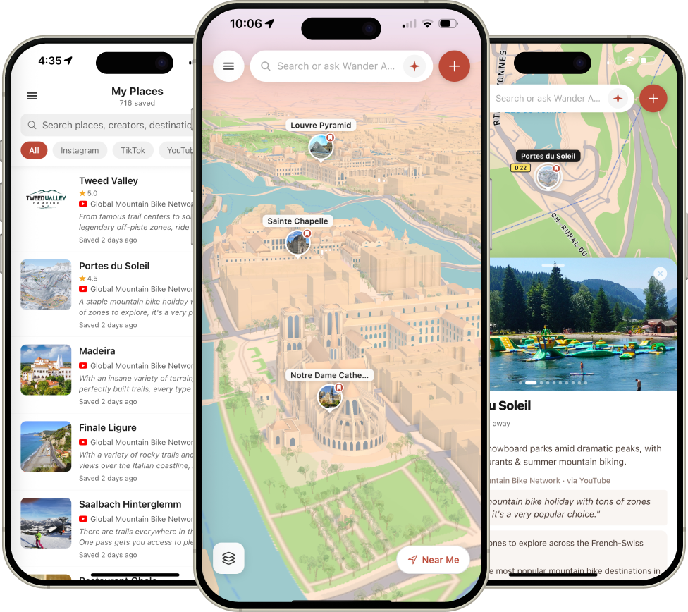 The Wander app — saved places, an explorable 3D map, and place details