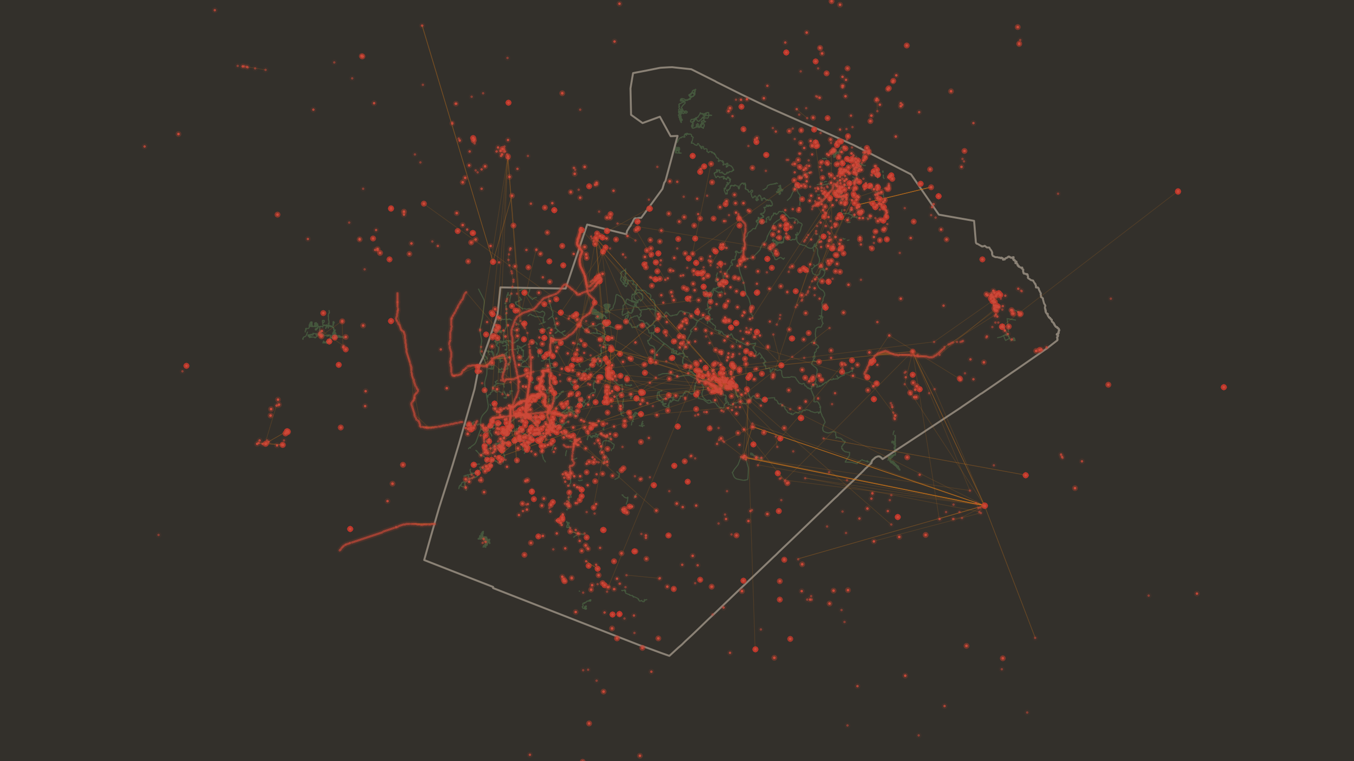 Original study plot of recorded location points around Wake County, showing red observations, green mapped trails, and the county boundary.