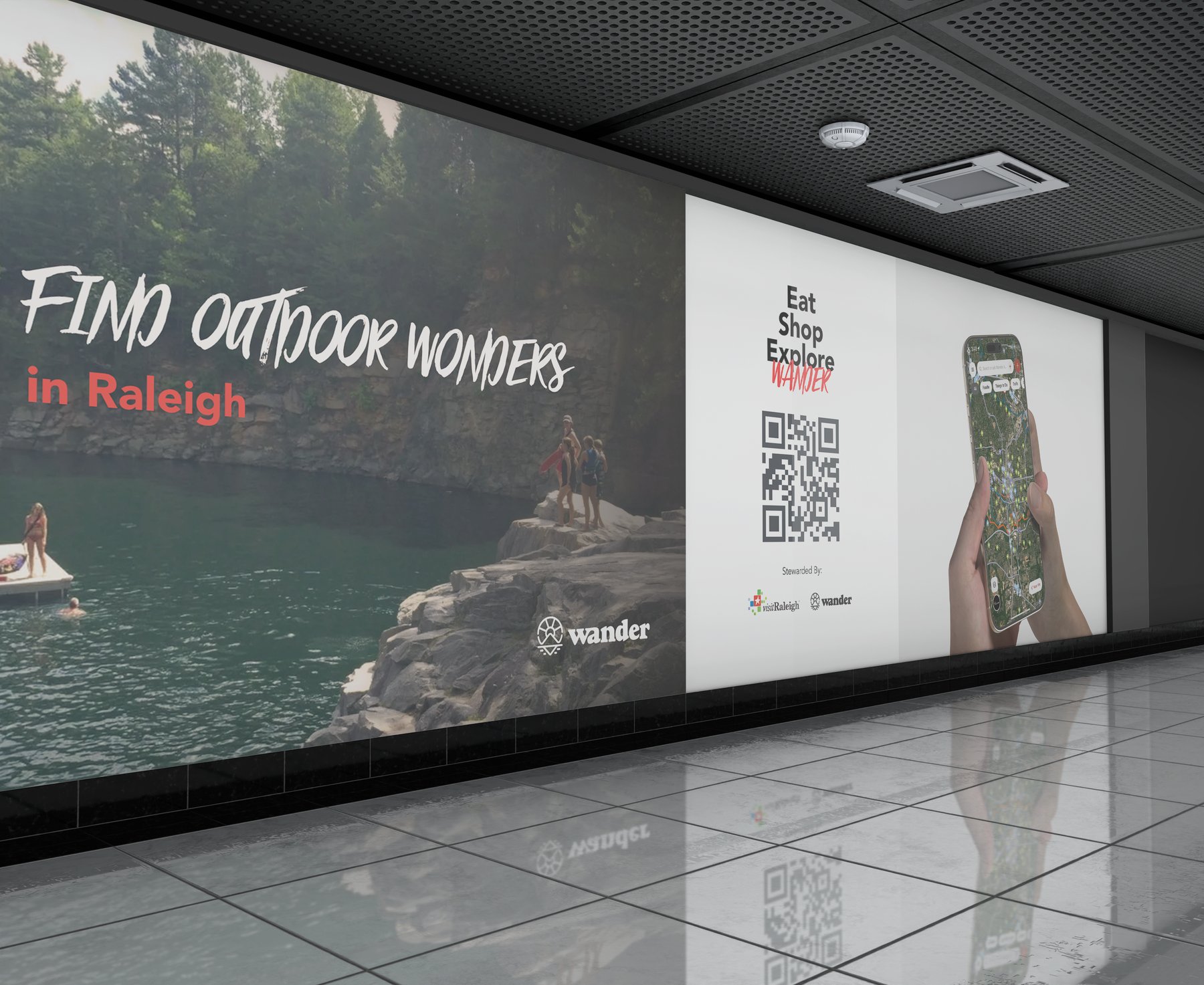 Visit Raleigh billboard concept showing a Wander map