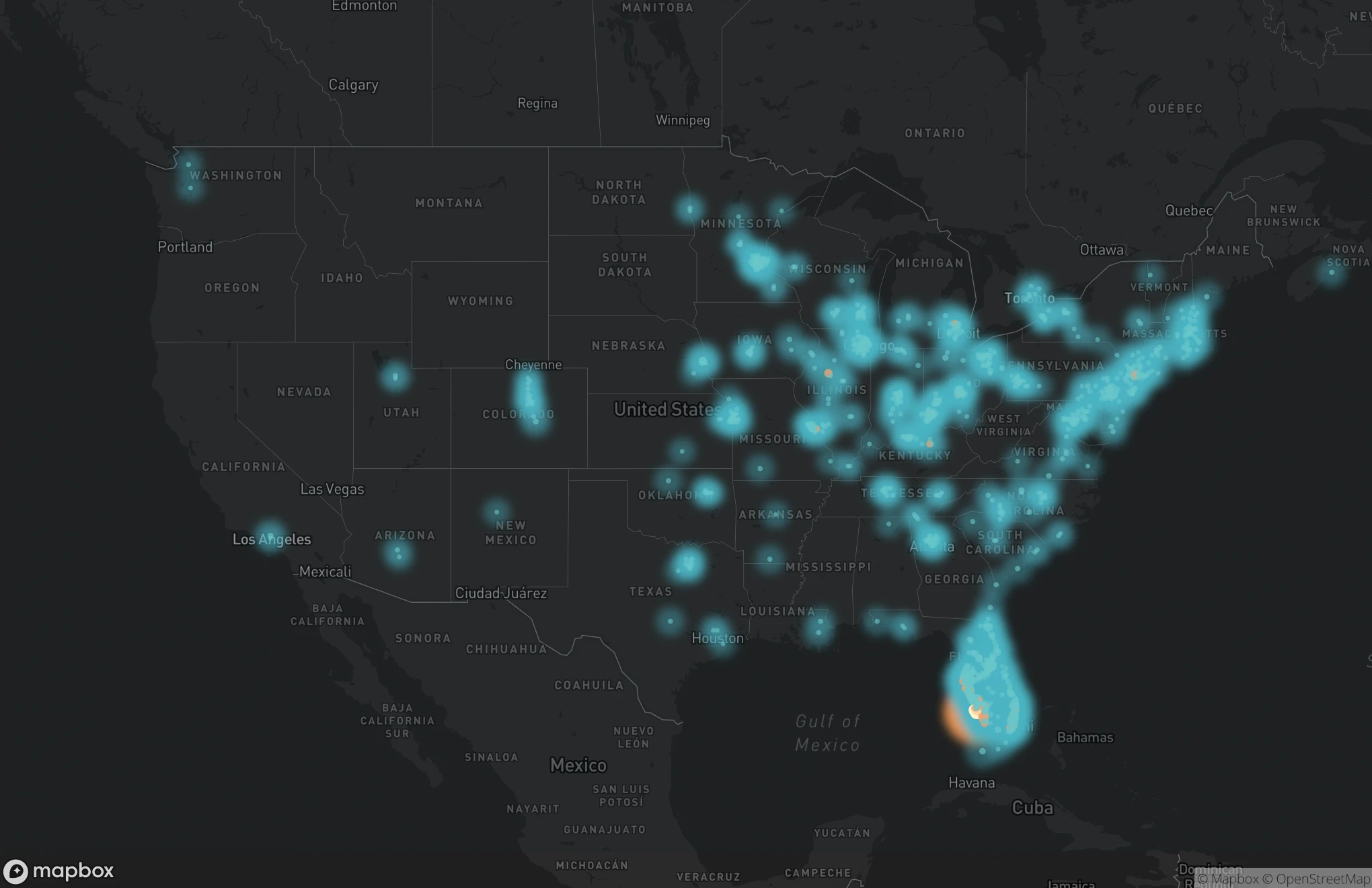 Location density across North America, with the strongest concentration in southwest Florida.