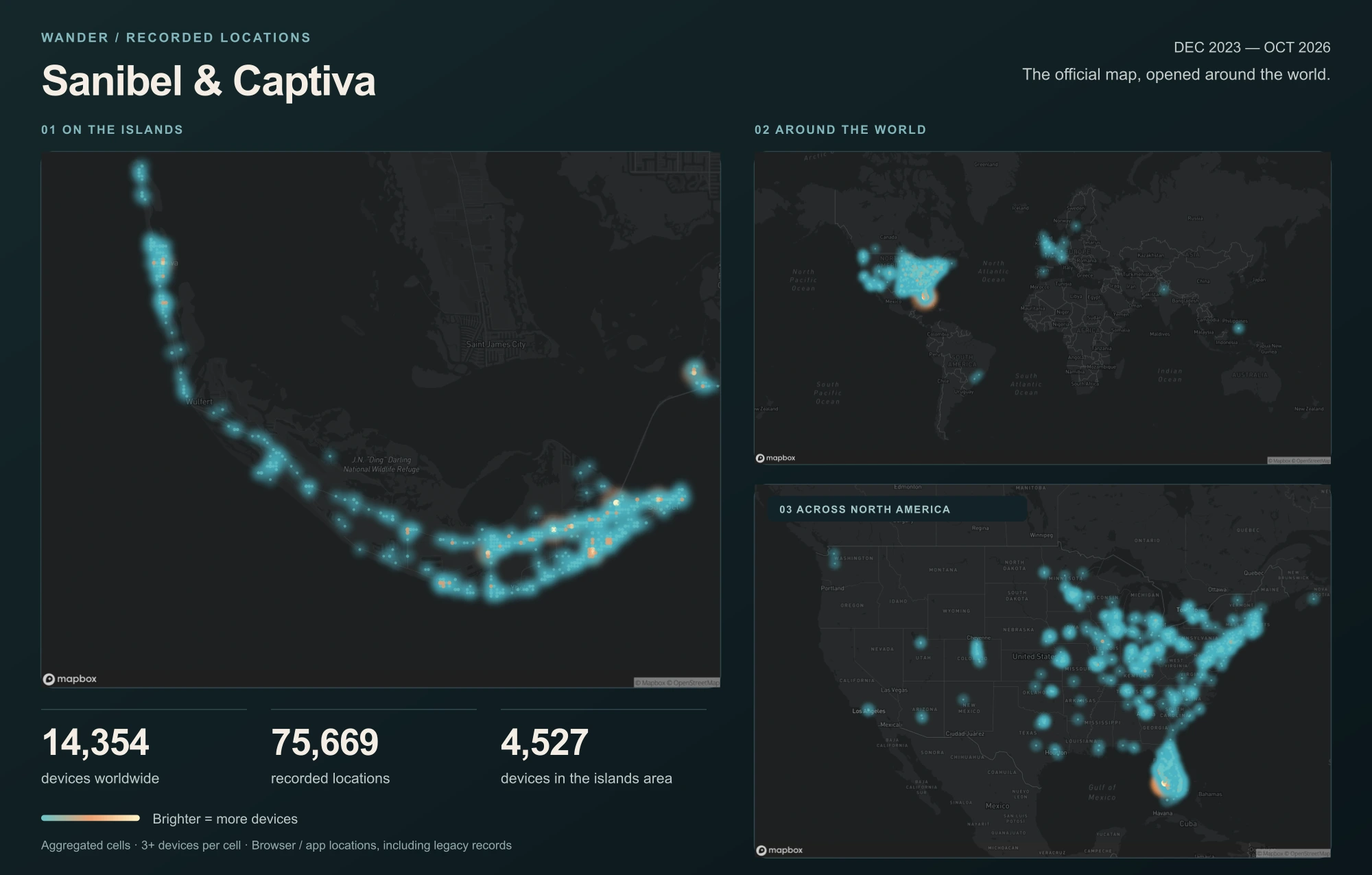 Sanibel & Captiva’s recorded location density, December 2023 to October 2026. 14,354 devices worldwide, 75,669 recorded locations, and 4,527 devices in the islands area. Detailed island, worldwide and North America maps show brighter areas where more devices shared their location.