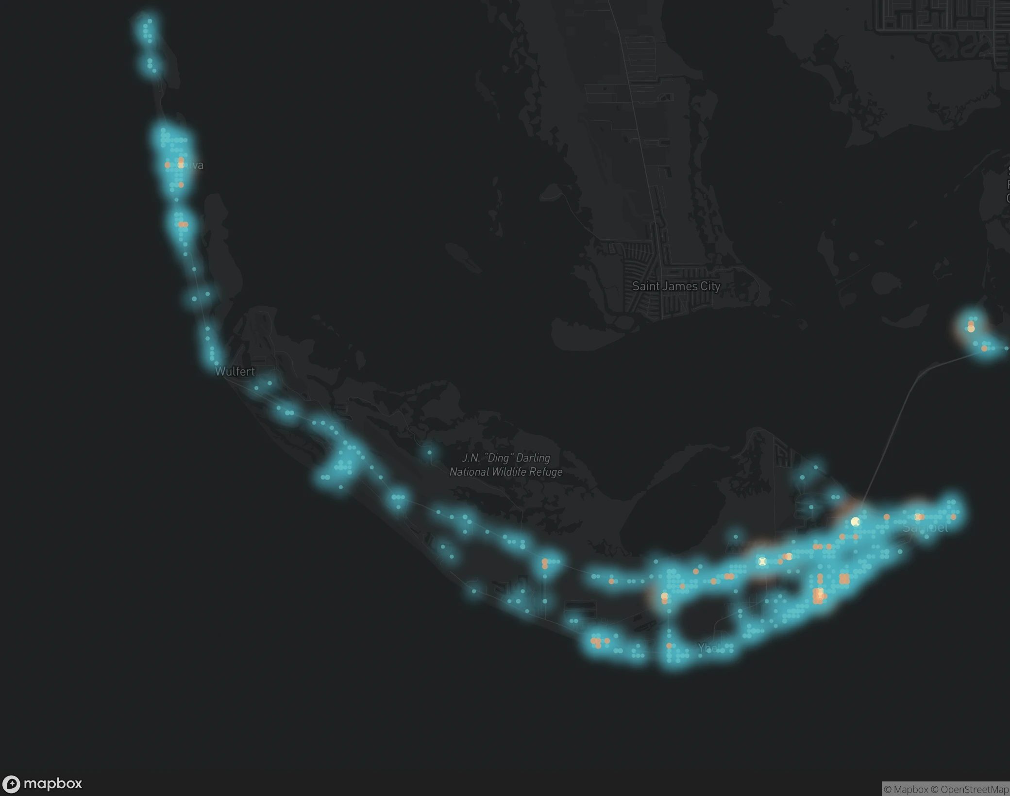 Recorded location density follows Sanibel’s streets and the coast north through Captiva.