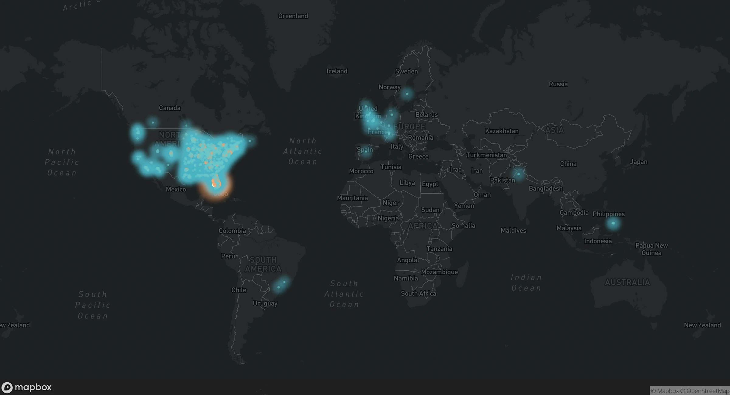 Worldwide locations where people opened the Sanibel and Captiva map, concentrated in North America and Europe.