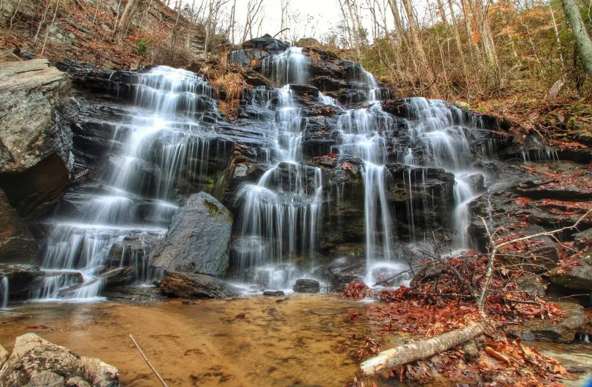 Issaqueena Falls cascading over dark rock framed by woodland