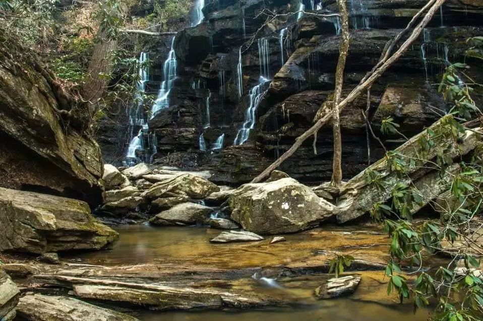 Yellow Branch Falls flowing over layered rock ledges in the forest